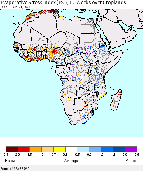 Africa Evaporative Stress Index (ESI), 12-Weeks over Croplands Thematic Map For 12/18/2023 - 12/24/2023