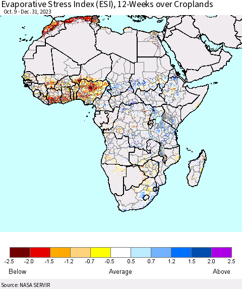 Africa Evaporative Stress Index (ESI), 12-Weeks over Croplands Thematic Map For 12/25/2023 - 12/31/2023