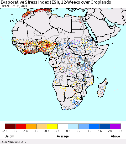 Africa Evaporative Stress Index (ESI), 12-Weeks over Croplands Thematic Map For 1/1/2024 - 1/7/2024