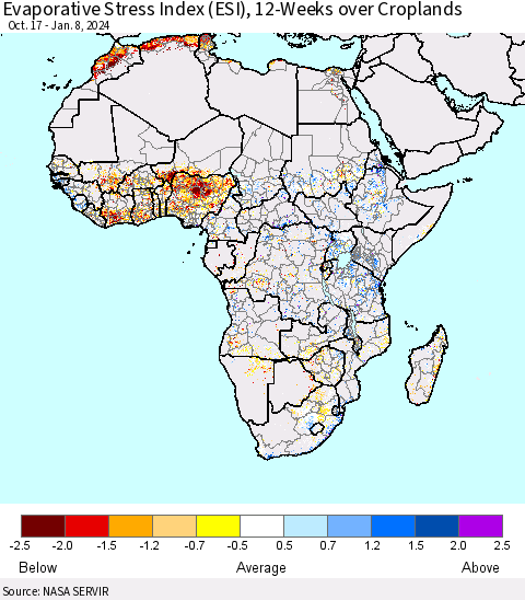 Africa Evaporative Stress Index (ESI), 12-Weeks over Croplands Thematic Map For 1/8/2024 - 1/14/2024
