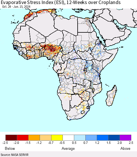 Africa Evaporative Stress Index (ESI), 12-Weeks over Croplands Thematic Map For 1/15/2024 - 1/21/2024