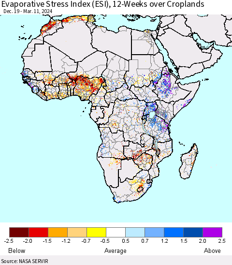 Africa Evaporative Stress Index (ESI), 12-Weeks over Croplands Thematic Map For 3/11/2024 - 3/17/2024