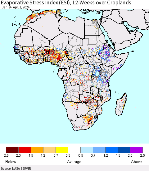 Africa Evaporative Stress Index (ESI), 12-Weeks over Croplands Thematic Map For 4/1/2024 - 4/7/2024