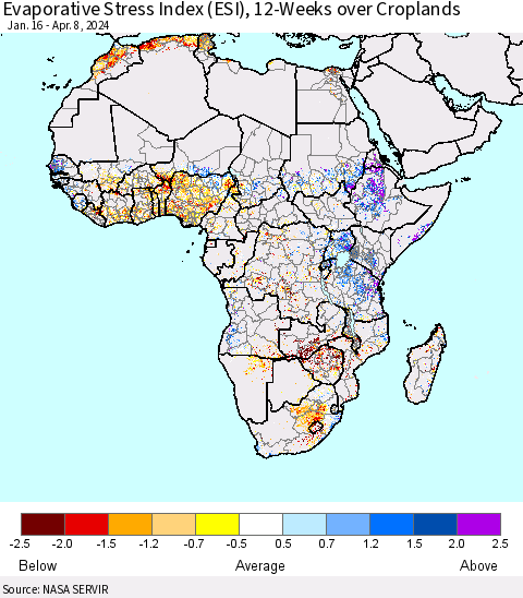 Africa Evaporative Stress Index (ESI), 12-Weeks over Croplands Thematic Map For 4/8/2024 - 4/14/2024