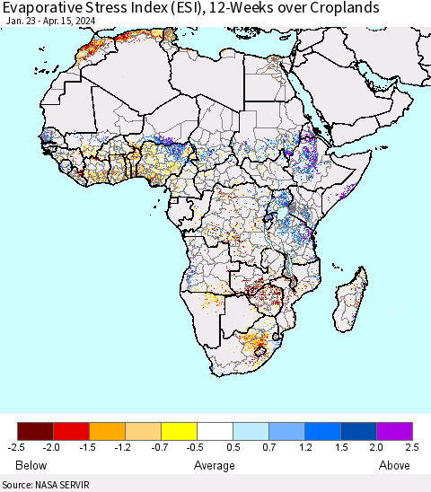 Africa Evaporative Stress Index (ESI), 12-Weeks over Croplands Thematic Map For 4/15/2024 - 4/21/2024