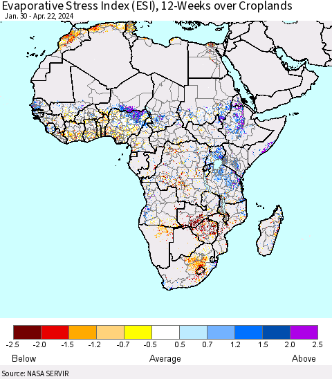 Africa Evaporative Stress Index (ESI), 12-Weeks over Croplands Thematic Map For 4/22/2024 - 4/28/2024