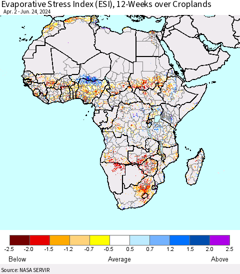 Africa Evaporative Stress Index (ESI), 12-Weeks over Croplands Thematic Map For 6/24/2024 - 6/30/2024