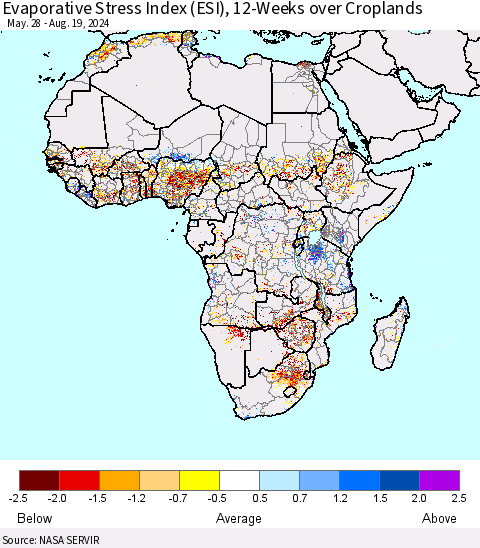 Africa Evaporative Stress Index (ESI), 12-Weeks over Croplands Thematic Map For 8/19/2024 - 8/25/2024
