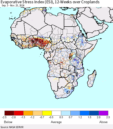 Africa Evaporative Stress Index (ESI), 12-Weeks over Croplands Thematic Map For 11/25/2024 - 12/1/2024