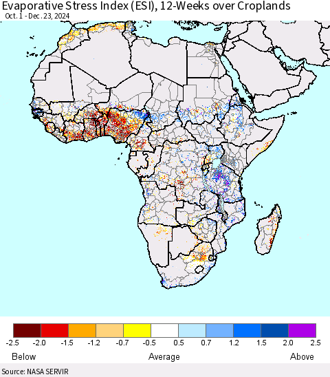 Africa Evaporative Stress Index (ESI), 12-Weeks over Croplands Thematic Map For 12/23/2024 - 12/29/2024