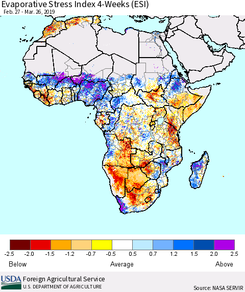 Africa Evaporative Stress Index (ESI), 4-Weeks Thematic Map For 3/25/2019 - 3/31/2019