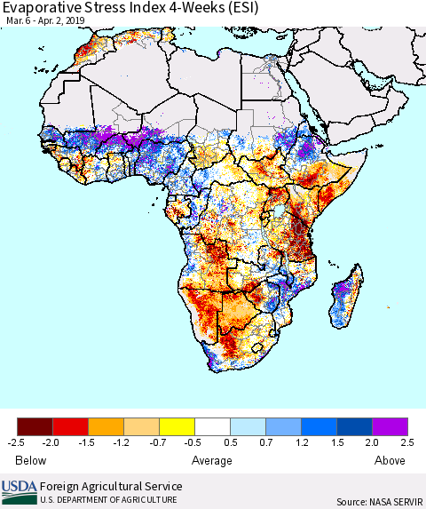 Africa Evaporative Stress Index (ESI), 4-Weeks Thematic Map For 4/1/2019 - 4/7/2019