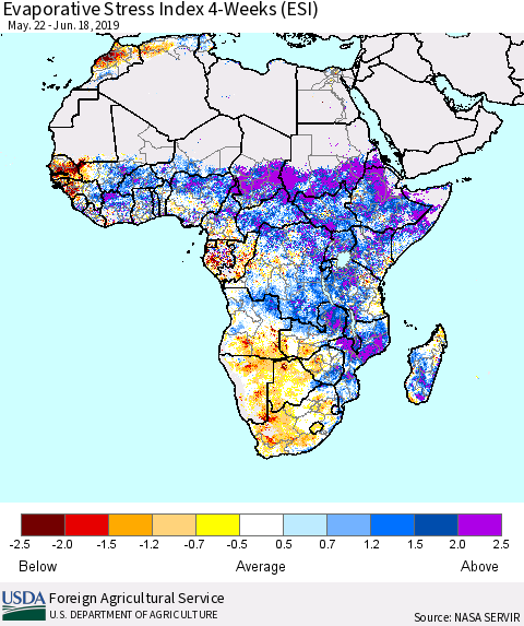 Africa Evaporative Stress Index (ESI), 4-Weeks Thematic Map For 6/17/2019 - 6/23/2019