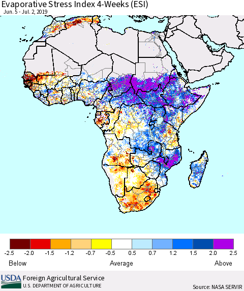 Africa Evaporative Stress Index (ESI), 4-Weeks Thematic Map For 7/1/2019 - 7/7/2019