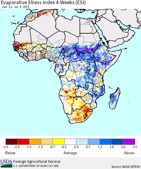 Africa Evaporative Stress Index (ESI), 4-Weeks Thematic Map For 7/8/2019 - 7/14/2019