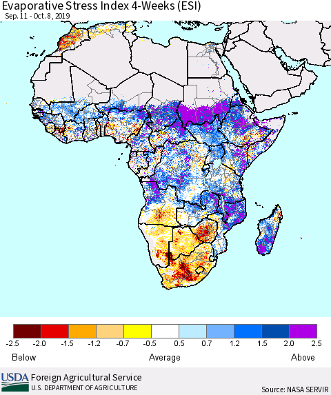 Africa Evaporative Stress Index (ESI), 4-Weeks Thematic Map For 10/7/2019 - 10/13/2019