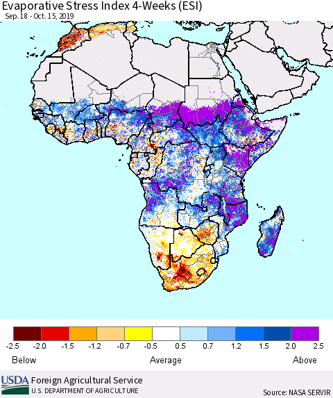 Africa Evaporative Stress Index (ESI), 4-Weeks Thematic Map For 10/14/2019 - 10/20/2019