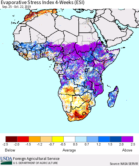 Africa Evaporative Stress Index (ESI), 4-Weeks Thematic Map For 10/21/2019 - 10/27/2019