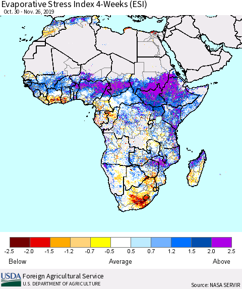 Africa Evaporative Stress Index (ESI), 4-Weeks Thematic Map For 11/25/2019 - 12/1/2019