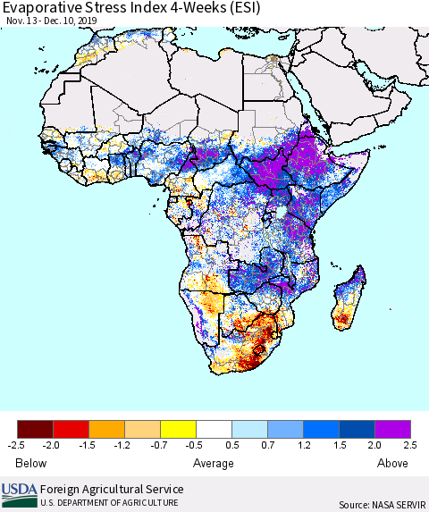 Africa Evaporative Stress Index (ESI), 4-Weeks Thematic Map For 12/9/2019 - 12/15/2019
