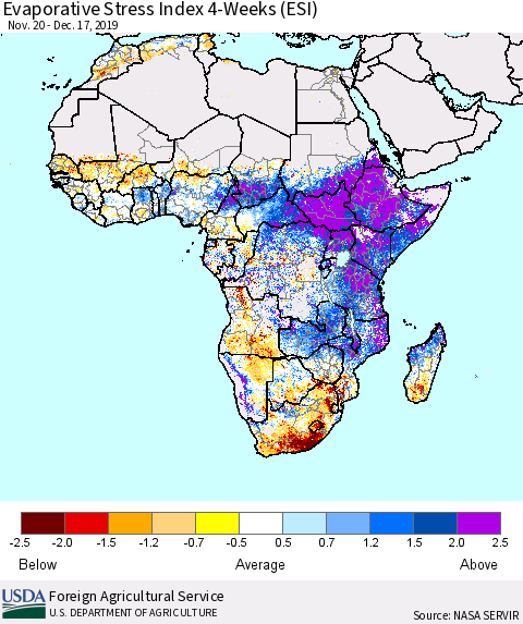 Africa Evaporative Stress Index (ESI), 4-Weeks Thematic Map For 12/16/2019 - 12/22/2019