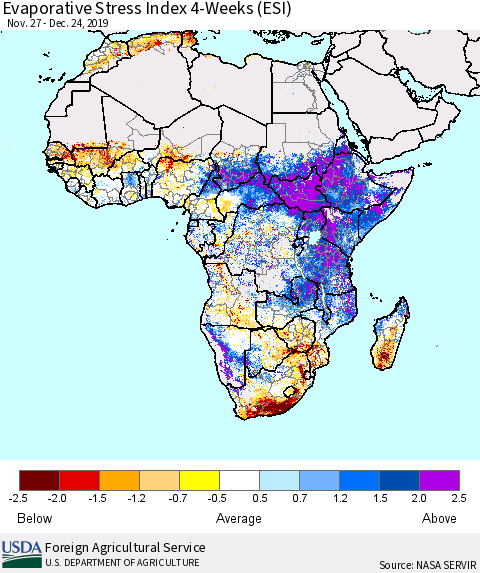 Africa Evaporative Stress Index (ESI), 4-Weeks Thematic Map For 12/23/2019 - 12/29/2019
