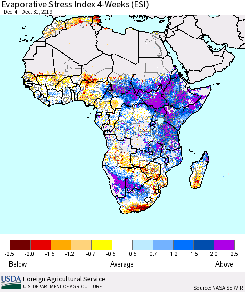 Africa Evaporative Stress Index (ESI), 4-Weeks Thematic Map For 12/30/2019 - 1/5/2020