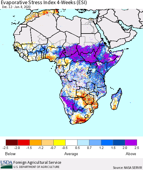 Africa Evaporative Stress Index (ESI), 4-Weeks Thematic Map For 1/6/2020 - 1/12/2020