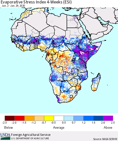 Africa Evaporative Stress Index (ESI), 4-Weeks Thematic Map For 1/27/2020 - 2/2/2020