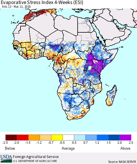 Africa Evaporative Stress Index (ESI), 4-Weeks Thematic Map For 3/9/2020 - 3/15/2020