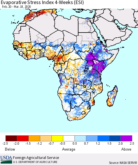 Africa Evaporative Stress Index (ESI), 4-Weeks Thematic Map For 3/16/2020 - 3/22/2020