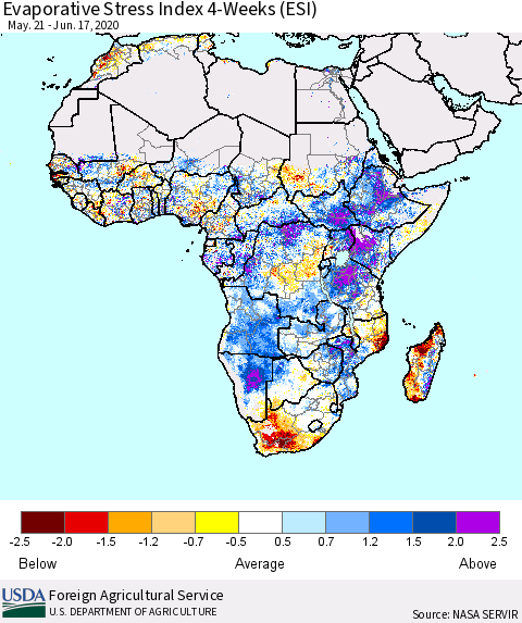 Africa Evaporative Stress Index (ESI), 4-Weeks Thematic Map For 6/15/2020 - 6/21/2020