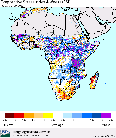 Africa Evaporative Stress Index (ESI), 4-Weeks Thematic Map For 7/27/2020 - 8/2/2020