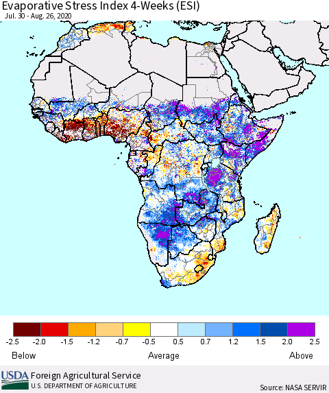 Africa Evaporative Stress Index (ESI), 4-Weeks Thematic Map For 8/24/2020 - 8/30/2020