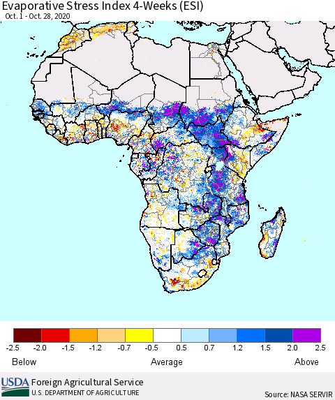 Africa Evaporative Stress Index (ESI), 4-Weeks Thematic Map For 10/26/2020 - 11/1/2020