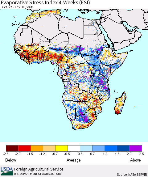 Africa Evaporative Stress Index (ESI), 4-Weeks Thematic Map For 11/16/2020 - 11/22/2020