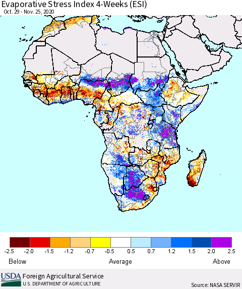 Africa Evaporative Stress Index (ESI), 4-Weeks Thematic Map For 11/23/2020 - 11/29/2020