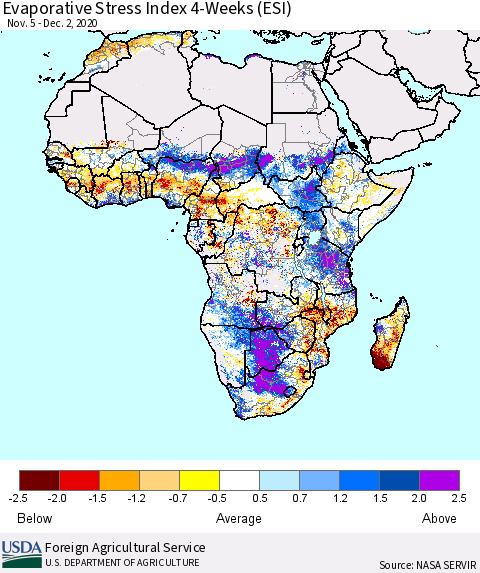 Africa Evaporative Stress Index (ESI), 4-Weeks Thematic Map For 11/30/2020 - 12/6/2020