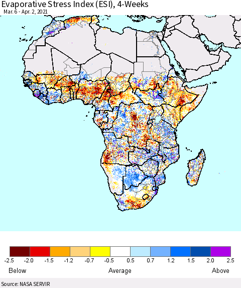 Africa Evaporative Stress Index (ESI), 4-Weeks Thematic Map For 3/29/2021 - 4/4/2021
