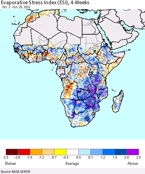 Africa Evaporative Stress Index (ESI), 4-Weeks Thematic Map For 10/25/2021 - 10/31/2021