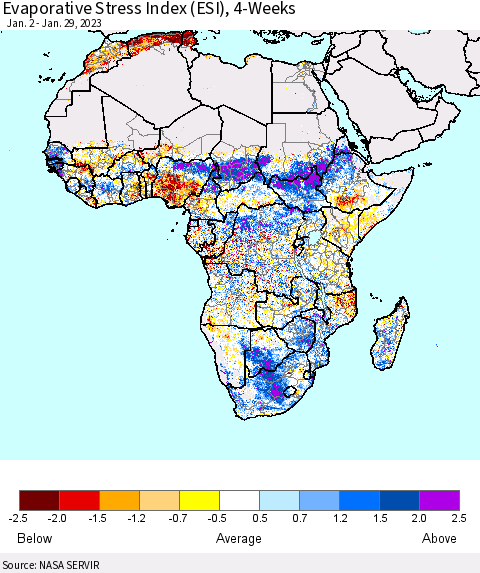 Africa Evaporative Stress Index (ESI), 4-Weeks Thematic Map For 1/23/2023 - 1/29/2023