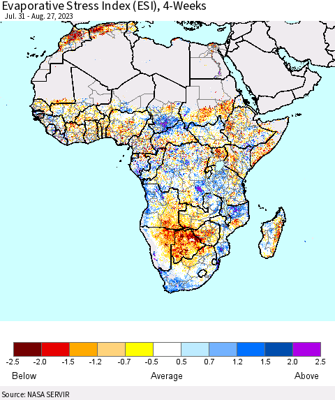 Africa Evaporative Stress Index (ESI), 4-Weeks Thematic Map For 8/21/2023 - 8/27/2023