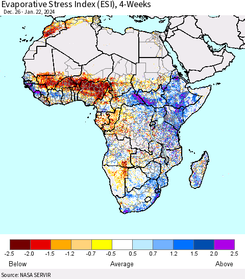 Africa Evaporative Stress Index (ESI), 4-Weeks Thematic Map For 1/22/2024 - 1/28/2024
