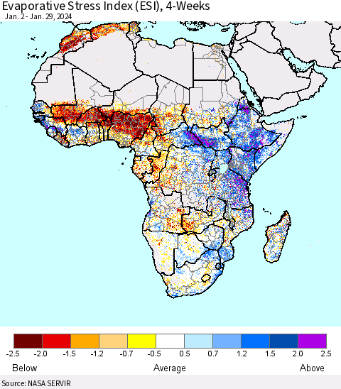 Africa Evaporative Stress Index (ESI), 4-Weeks Thematic Map For 1/29/2024 - 2/4/2024