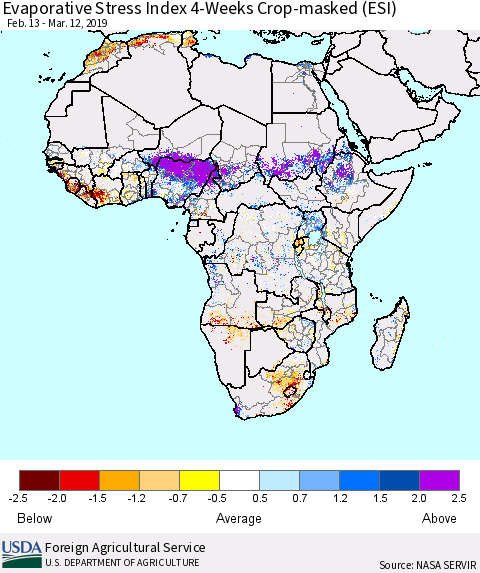 Africa Evaporative Stress Index (ESI), 4-Weeks over Croplands Thematic Map For 3/11/2019 - 3/17/2019