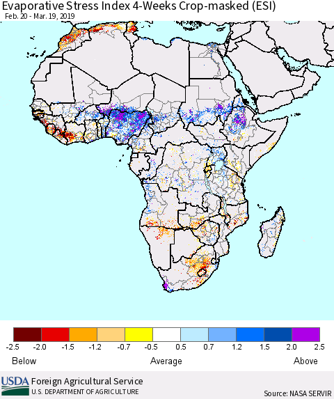 Africa Evaporative Stress Index (ESI), 4-Weeks over Croplands Thematic Map For 3/18/2019 - 3/24/2019