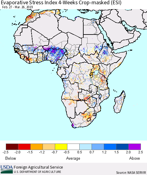 Africa Evaporative Stress Index (ESI), 4-Weeks over Croplands Thematic Map For 3/25/2019 - 3/31/2019