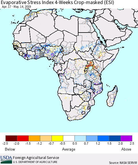 Africa Evaporative Stress Index (ESI), 4-Weeks over Croplands Thematic Map For 5/13/2019 - 5/19/2019