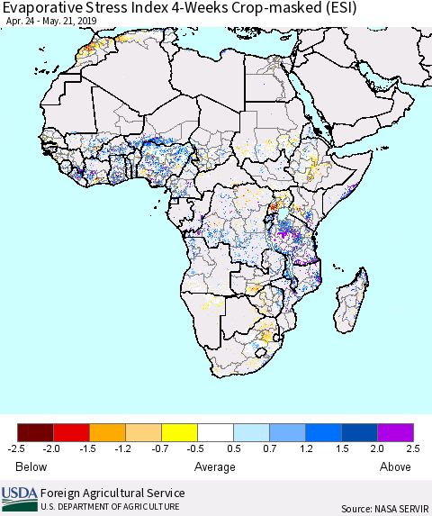 Africa Evaporative Stress Index (ESI), 4-Weeks over Croplands Thematic Map For 5/20/2019 - 5/26/2019