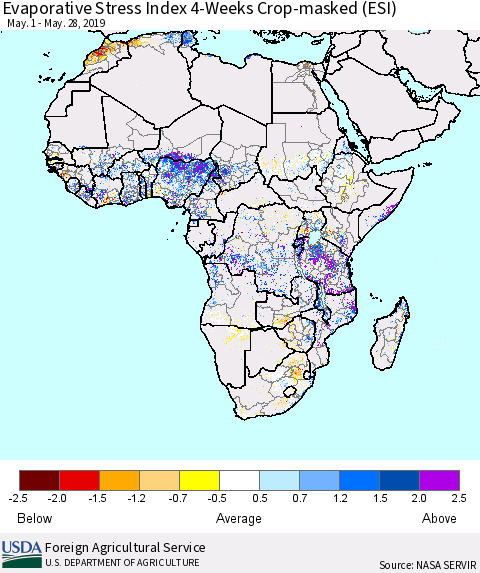 Africa Evaporative Stress Index (ESI), 4-Weeks over Croplands Thematic Map For 5/27/2019 - 6/2/2019